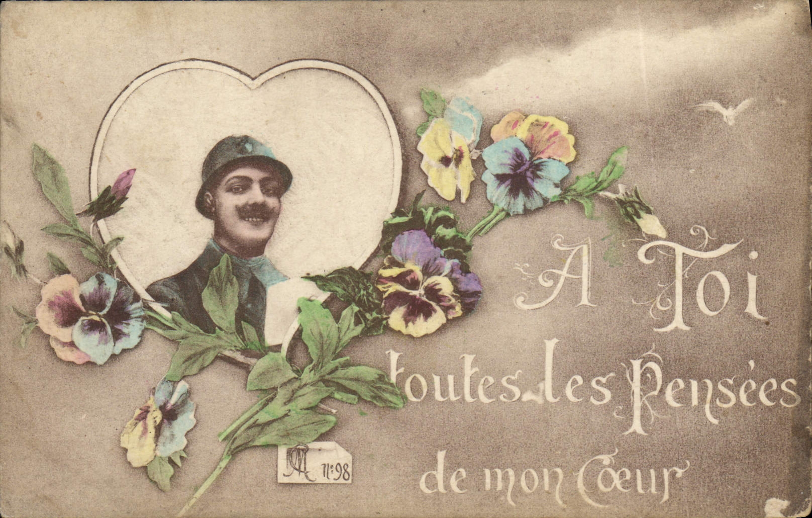 Portrait d'un homme — dans un cœur orné de fleurs — éditeur M. N°98