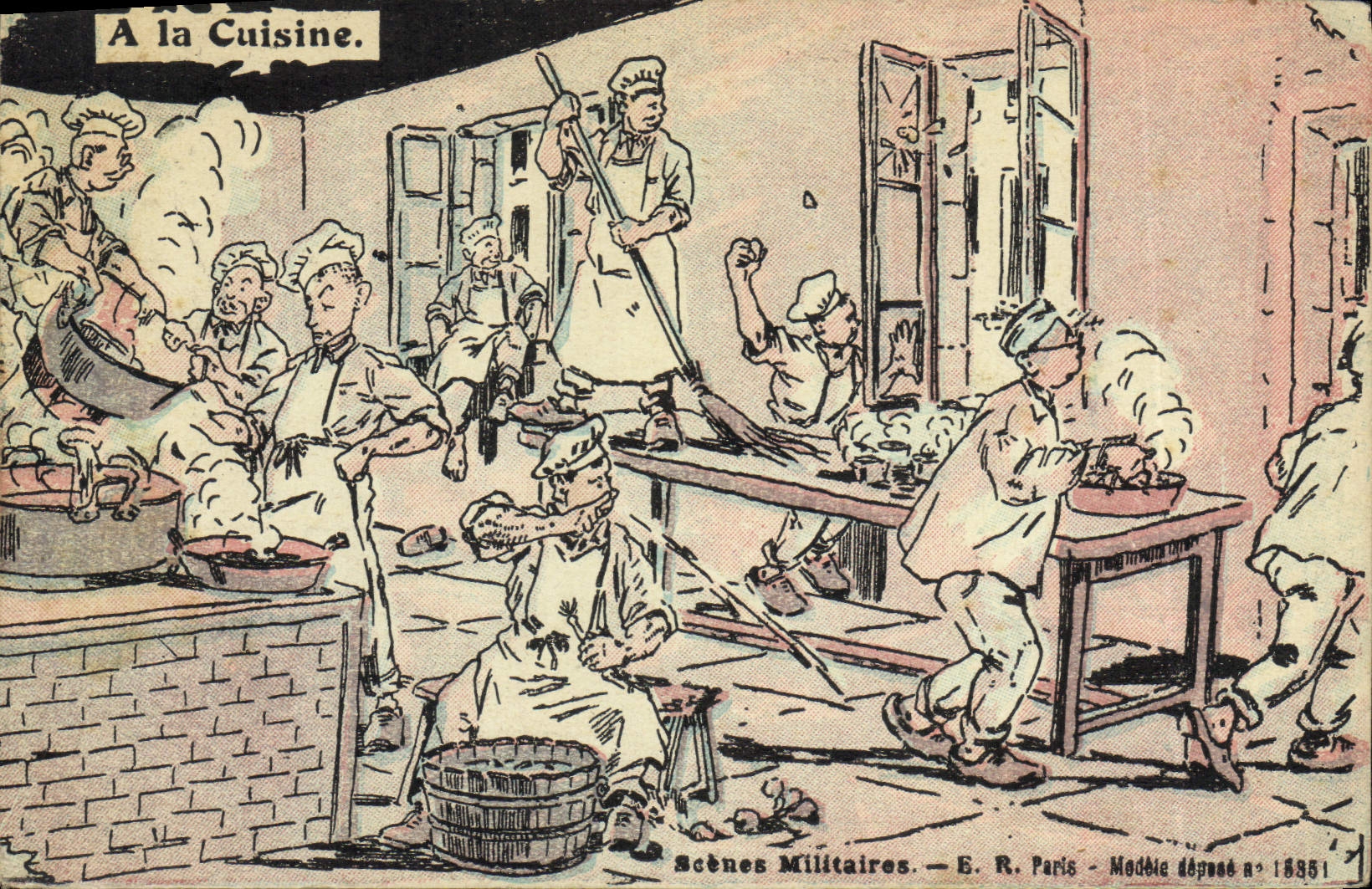 A la Cuisine — Scènes Militaires — E. R. Paris — Modèle déposé n° 18851