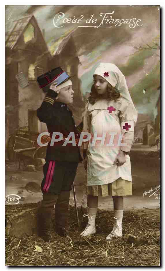 CPA Fantaisie Soldat Croix Rouge Infirmiere Enfants Coeur De Francaise Militaria