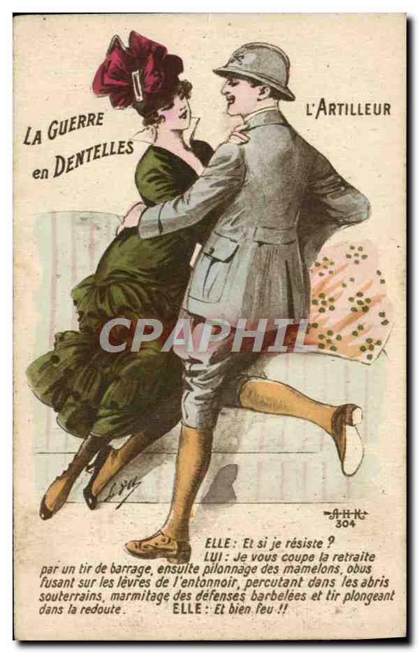 CPA Fantaisie Femme La guerre en dentelles Artilleur Militaria 