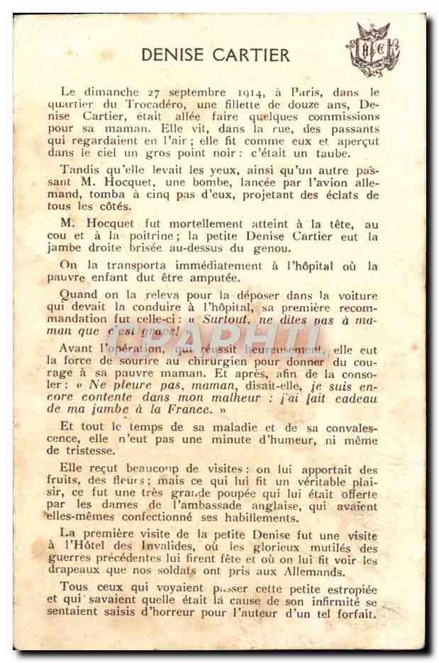 Denise Cartier — slachtoffer van een Duitse vliegtuigaanval in Parijs — OORLOGSFEITEN 1914-1915 — Achterkant