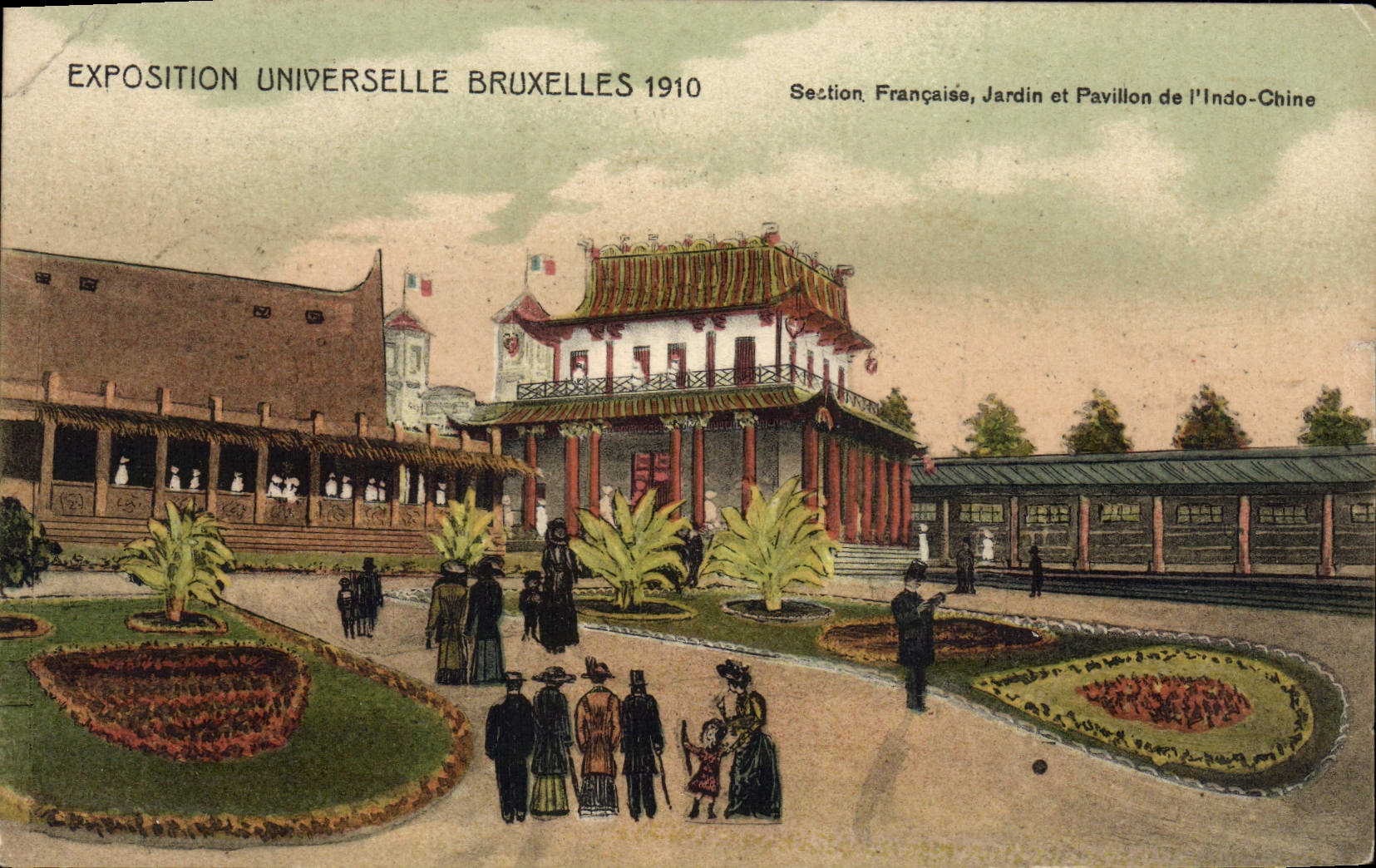 CPA Exposition Universelle Bruxelles 1910 Section francaise Jardin et pavillon de l'Indo Chine