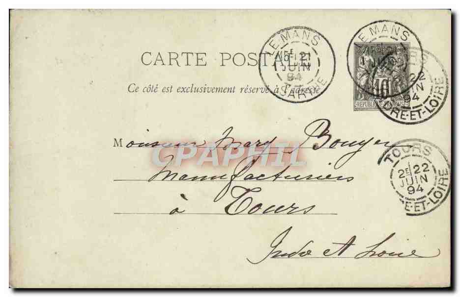 Entier postal France Le Mans 1894 Mary Bouyer Tours 