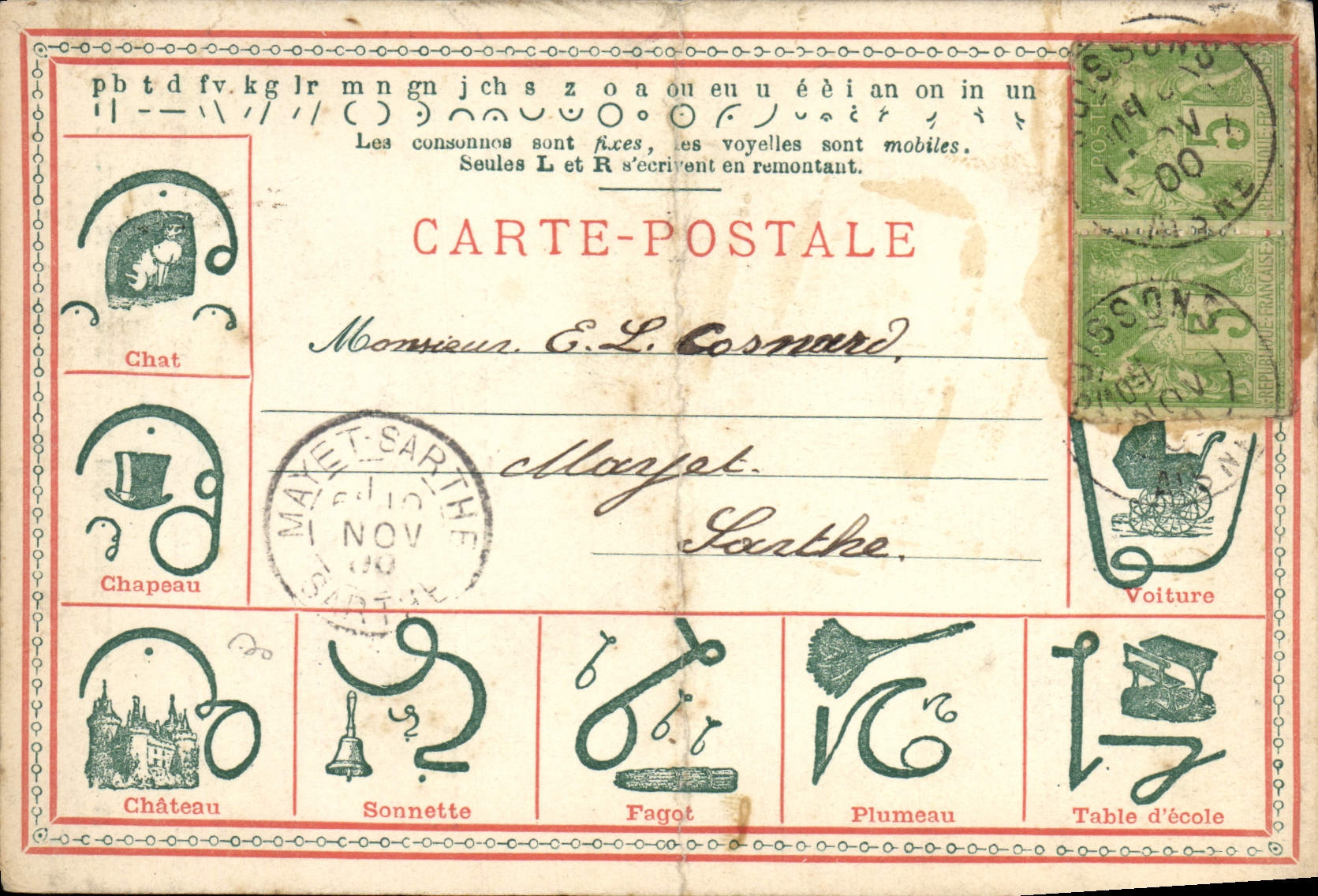 CPA Stenographie Duploye Chat chapeau chateau Sonnette Fagot Plumeau Table d'ecole Voiture