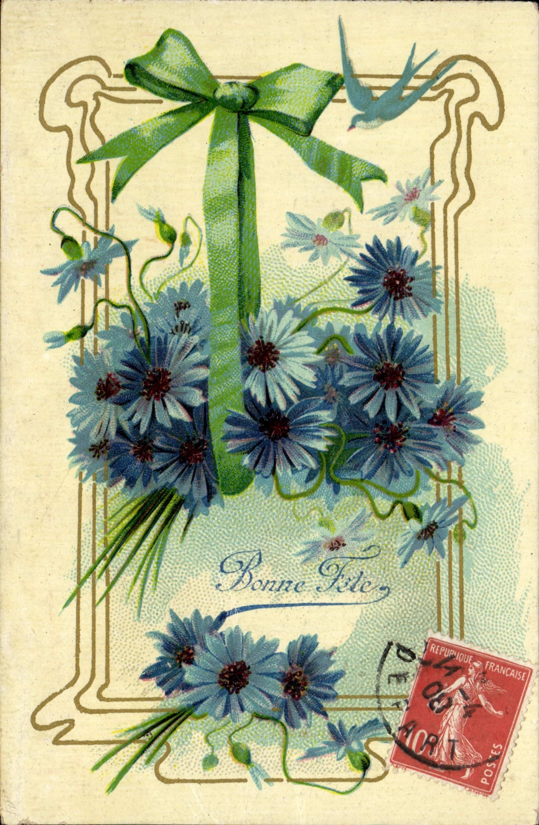 Bouquet de fleurs bleues — Bonne Fête — Éditeur inconnu, n° de série non visible