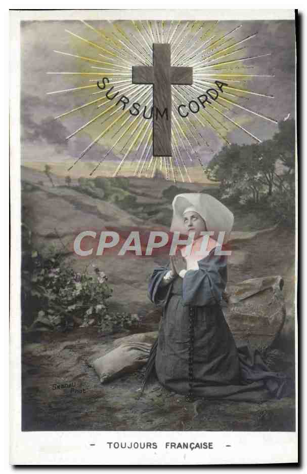 Sœur en prière — Croix rayonnante avec inscription 'SURSUM CORDA' — Serreau Phot.