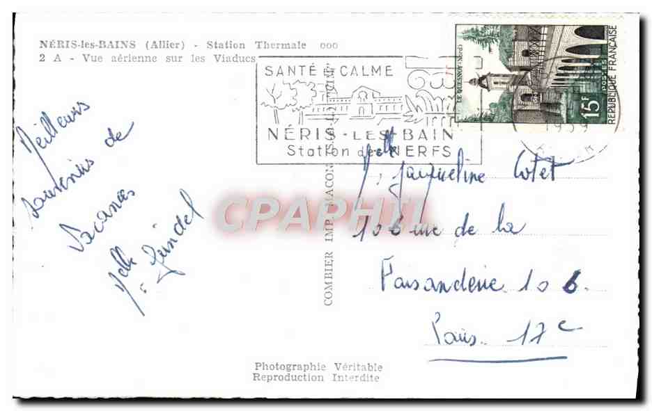CPM Neris Bains Station Themale Vue aerienne sur les viaducs — Verso
