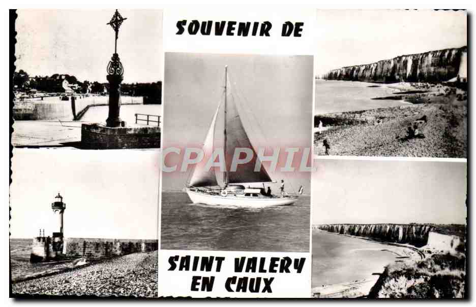 CPM Saint Valery en Caux Les quais et le port La digue et la plage Vue prise des falaises Le phare Un voilier 