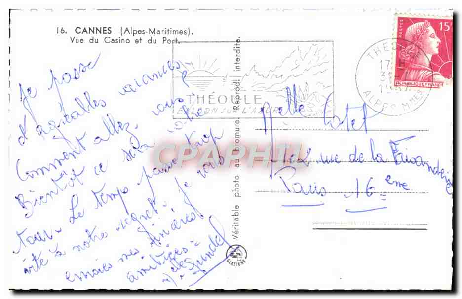 CPM Cannes Vue du Casino et du Port Bateaux — Verso