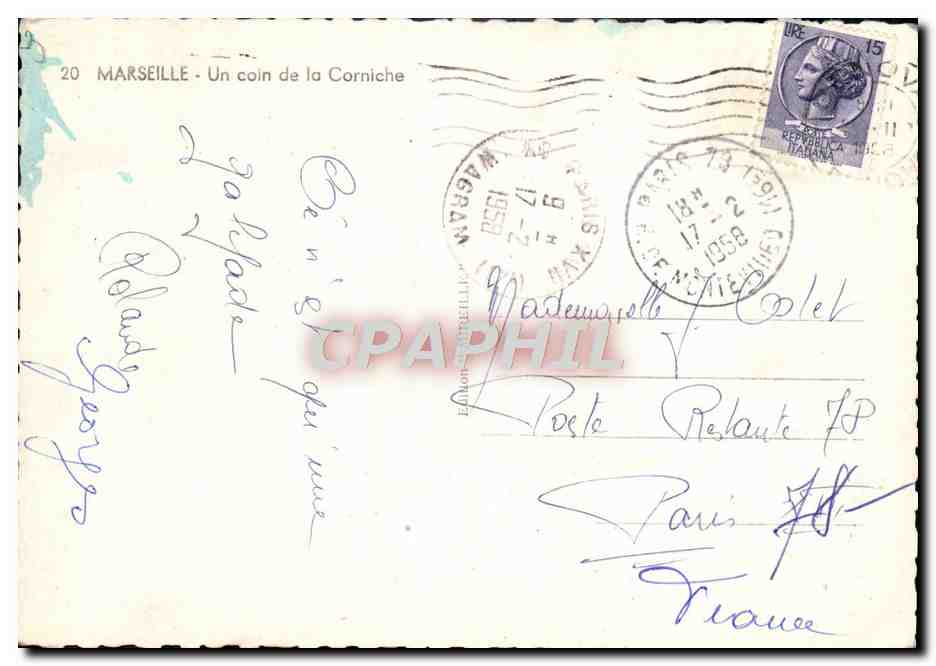 CPM Marseille Un Coin de la Corniche — Verso