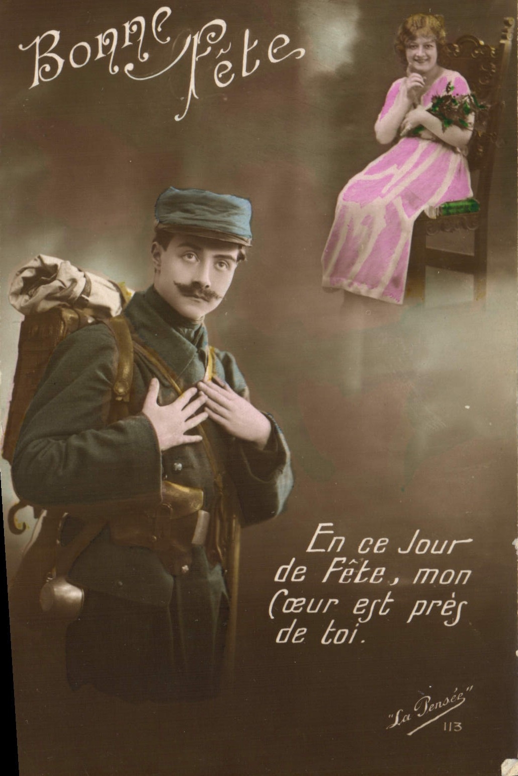 Soldat et femme en robe rose — carte de vœux — 'La Pensée' n°113