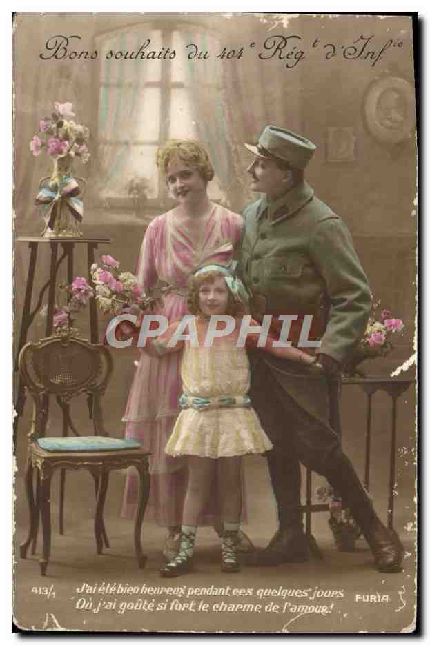 Soldat, femme et enfant — Régiment d'Infanterie — éditeur Furia, n° 413/4