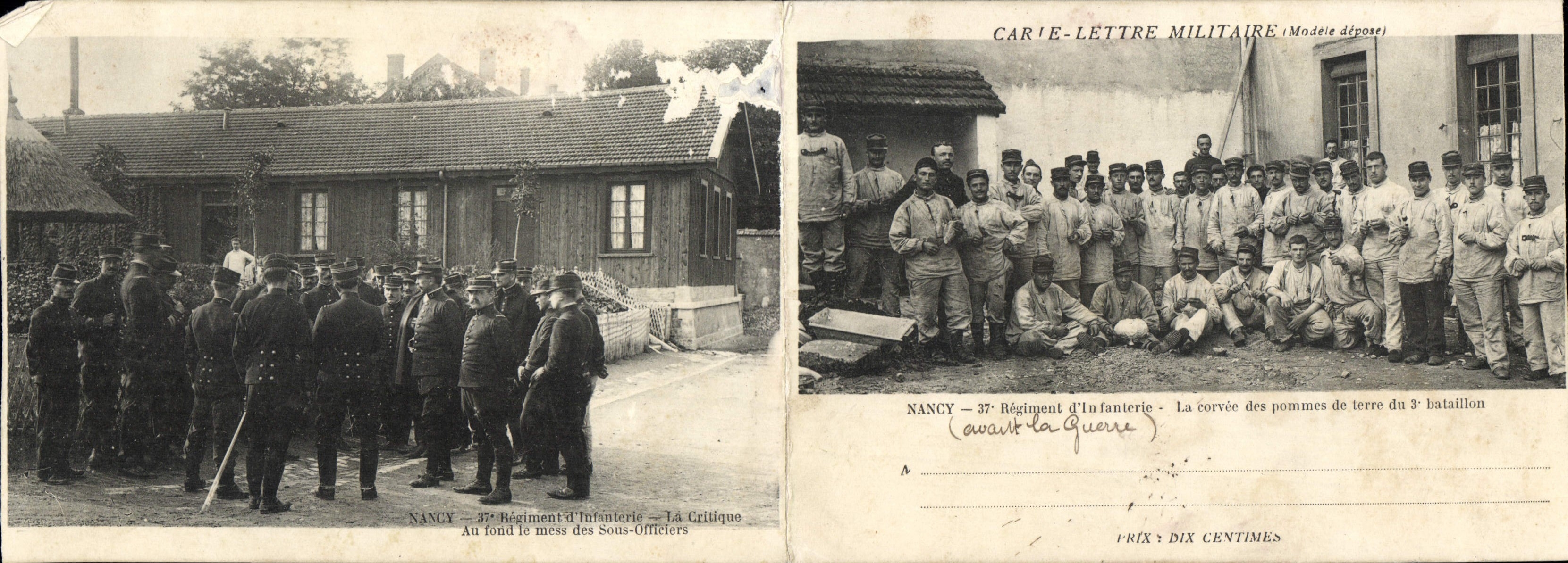 Carte lettre Nancy 37eme regiment d'infanterie La critique Au fond le mess des officiers Corvee des pommes de terre