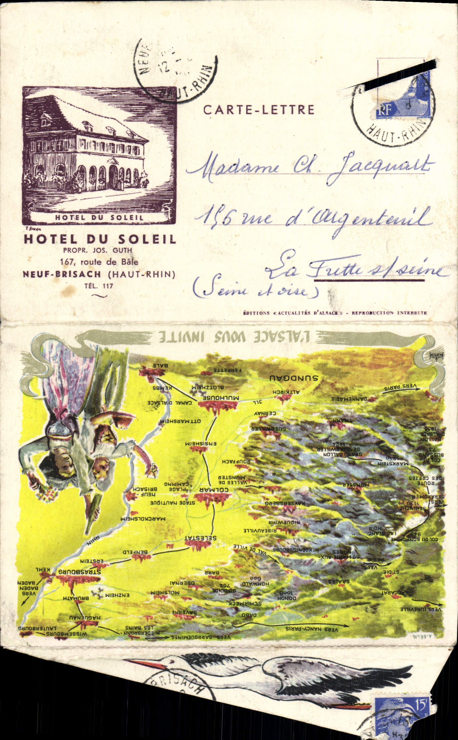 CPA Carte Lettre Alsace Cigogne Hotel du Soleil Route de Bale Neuf-Brisach
