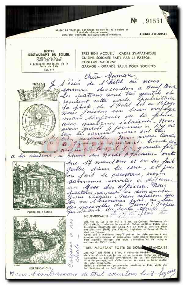CPA Carte Lettre Alsace Cigogne Hotel du Soleil Route de Bale Neuf-Brisach — Verso