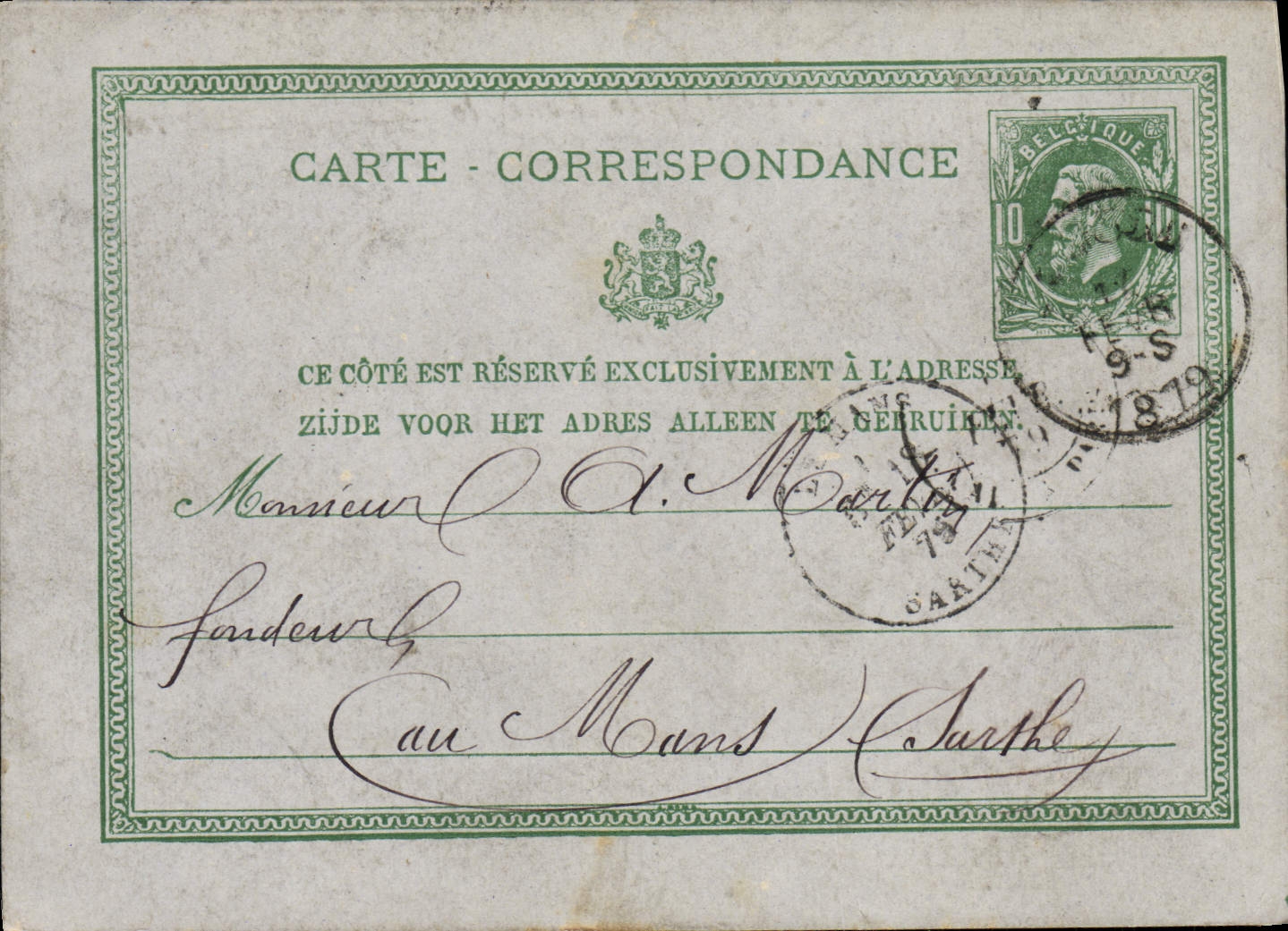 Entier postal Belgique 1879 pour Le Mans 