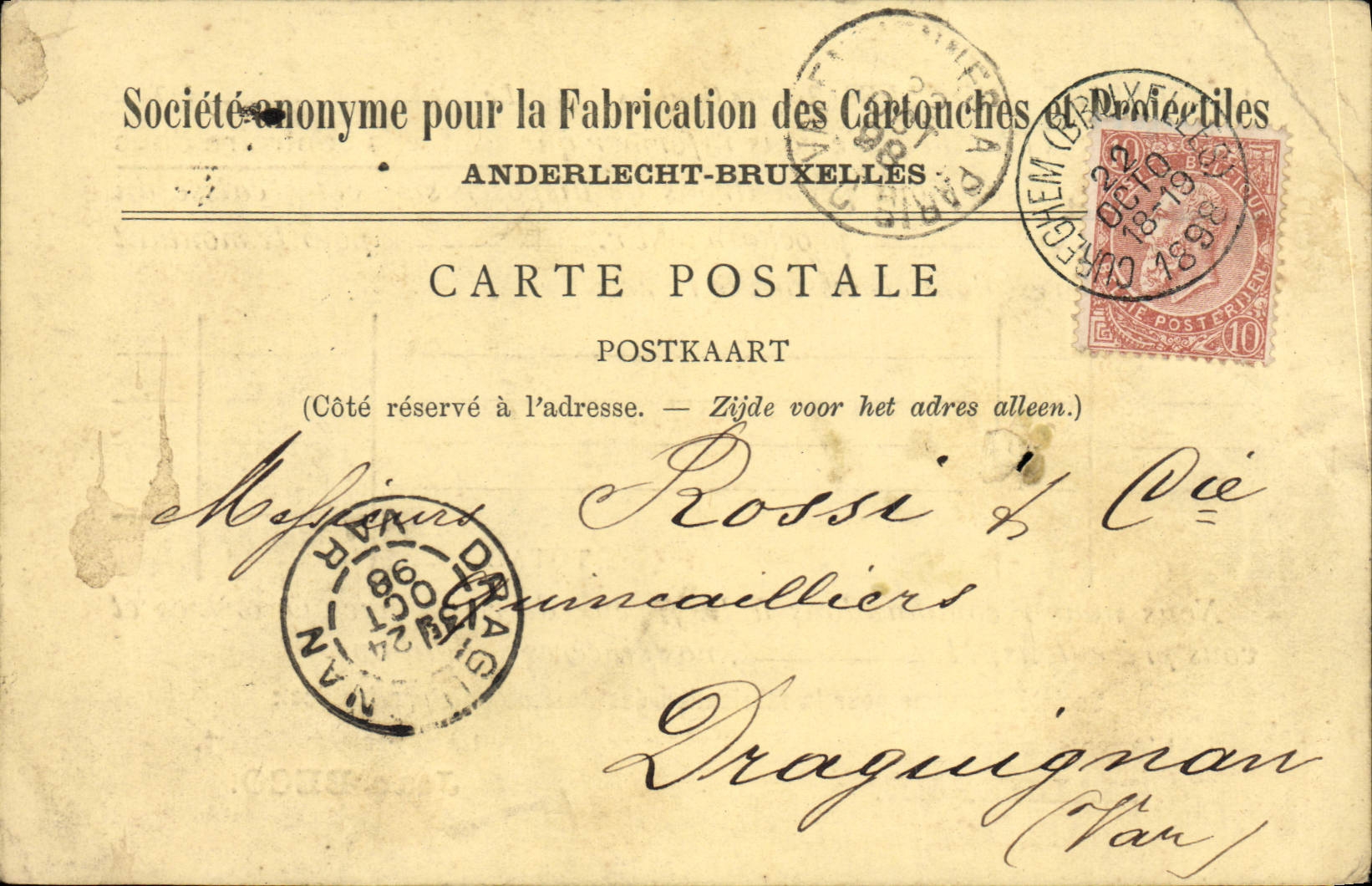 Entier Postal Belgique 1898 pour Draguignan Rossi Quincailliers 