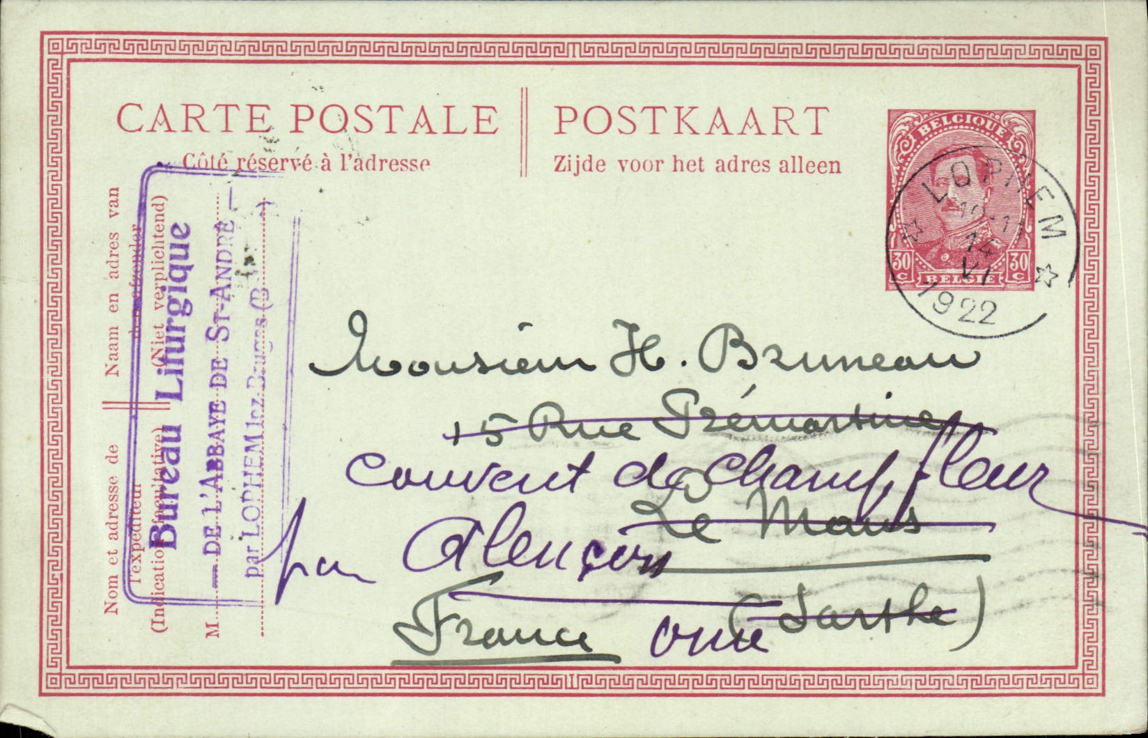 Entier Postal Belgique 30c 1922 Bruneau pour Couvent de Champ Fleur Alencon 