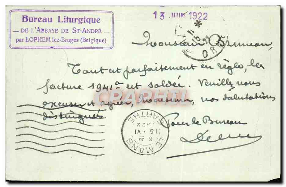 Entier Postal Belgique 30c 1922 Bruneau pour Couvent de Champ Fleur Alencon  — Rückseite