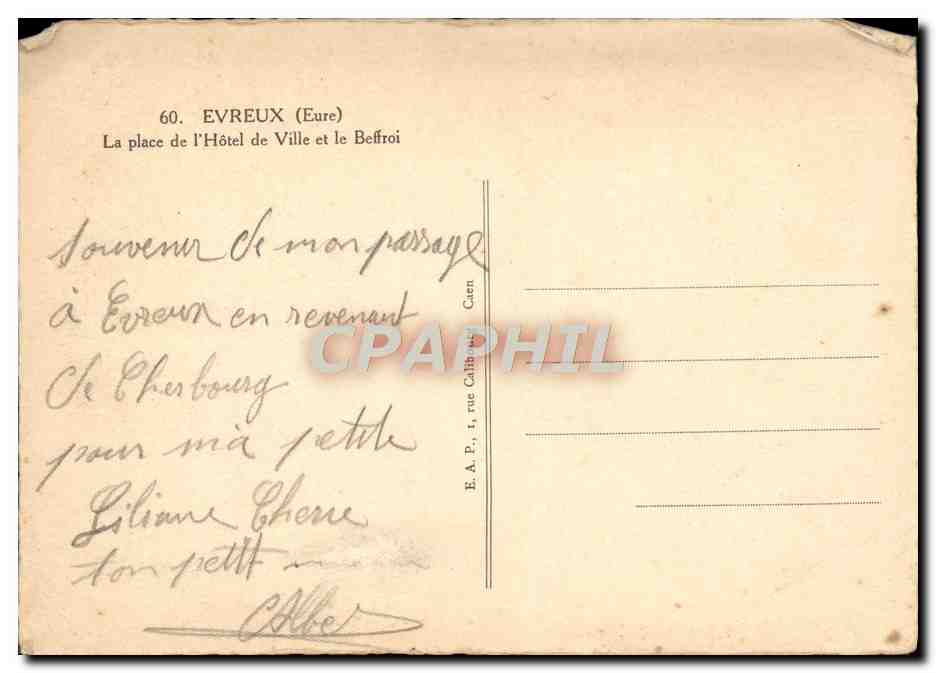 Evreux (Eure) — La place de l'Hôtel de Ville et le Belfroi — Éditeur anonyme, n° 60 — Rückseite