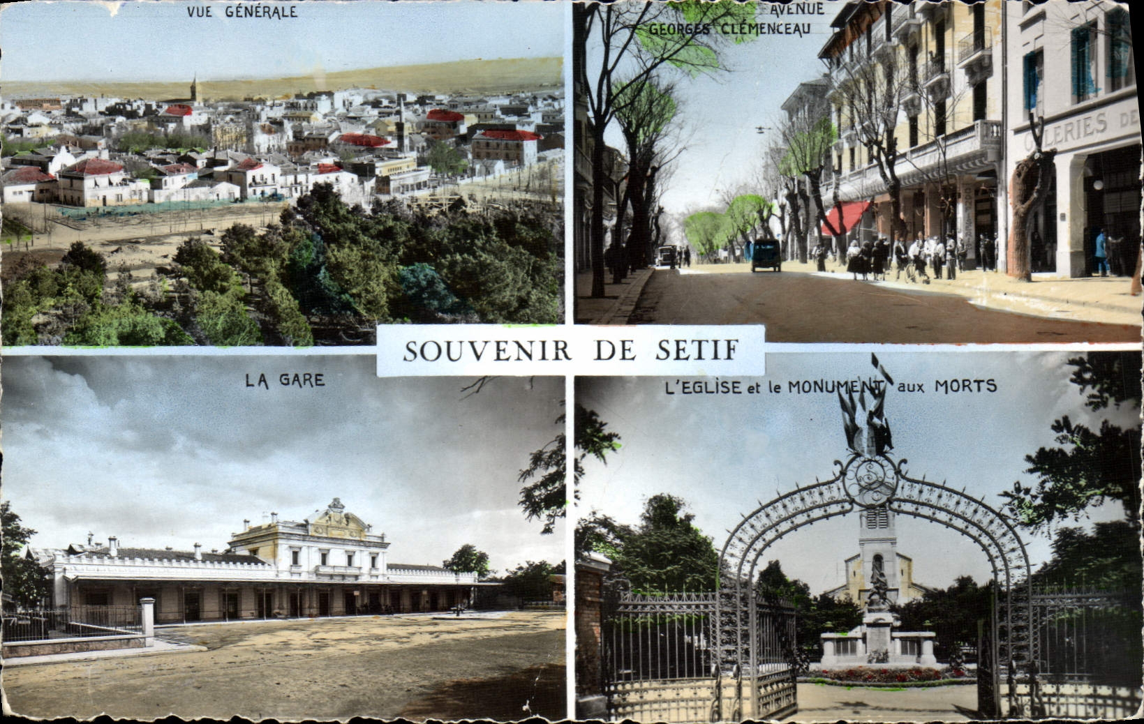 CPM Souvenir De Setif Vue generale Avenue Georges Clemenceau la gare Eglise et le monument des morts 
