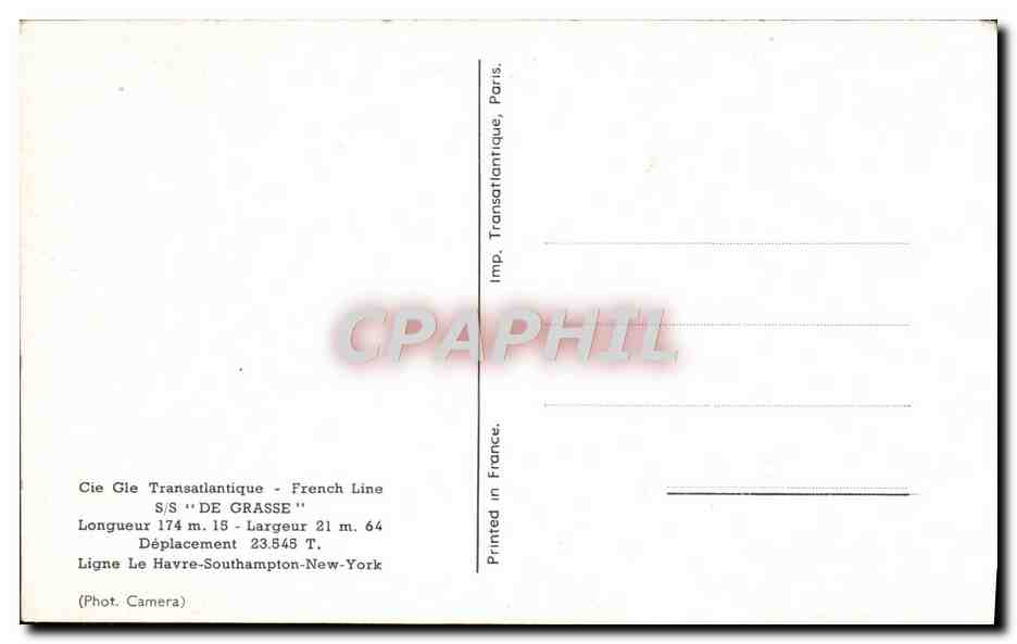 S/S "DE GRASSE" — Cie Gie Transatlantique - French Line — Imp. Transatlantique, Paris — Verso