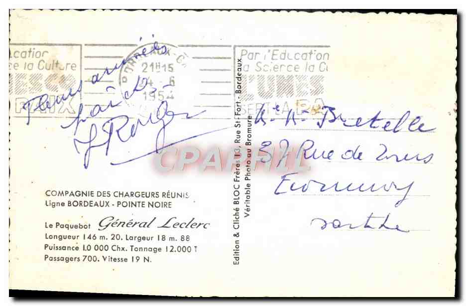Paquebot Général Leclerc — Ligne Bordeaux-Pointe Noire — Compagnie des Chargeurs Réunis — Verso