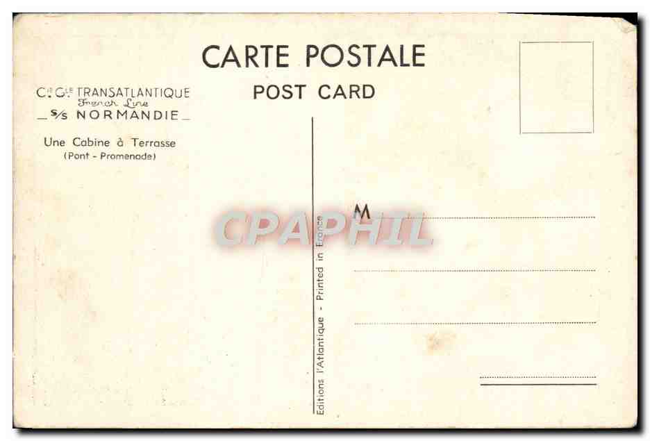 CPM French Line SS Normandie Une cabine a terrasse Pont Promenade — Verso