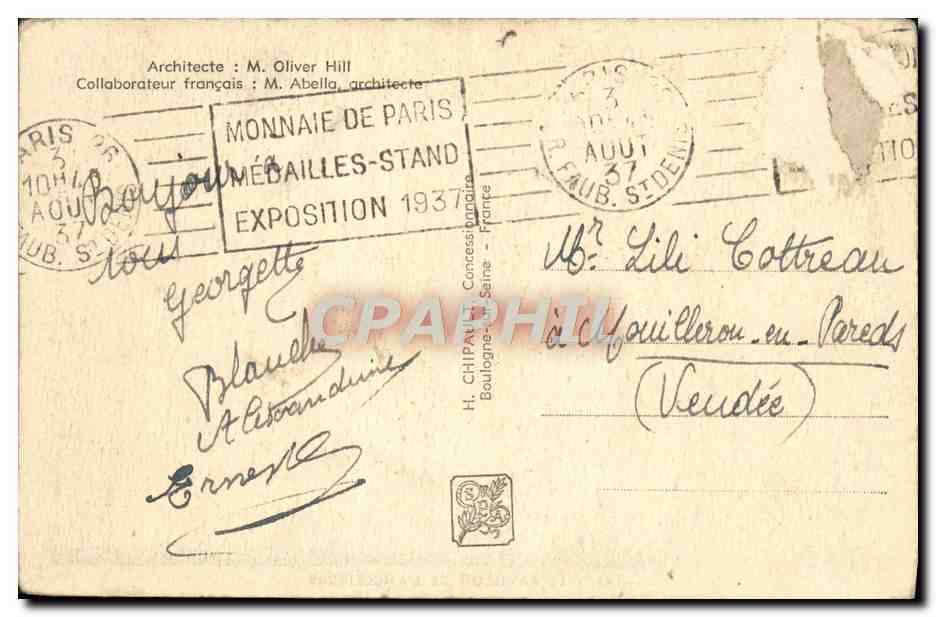CPA Exposition Coloniale Internationale Paris 1937 Pavillon de l'Angleterre Tour Eiffel — Rückseite