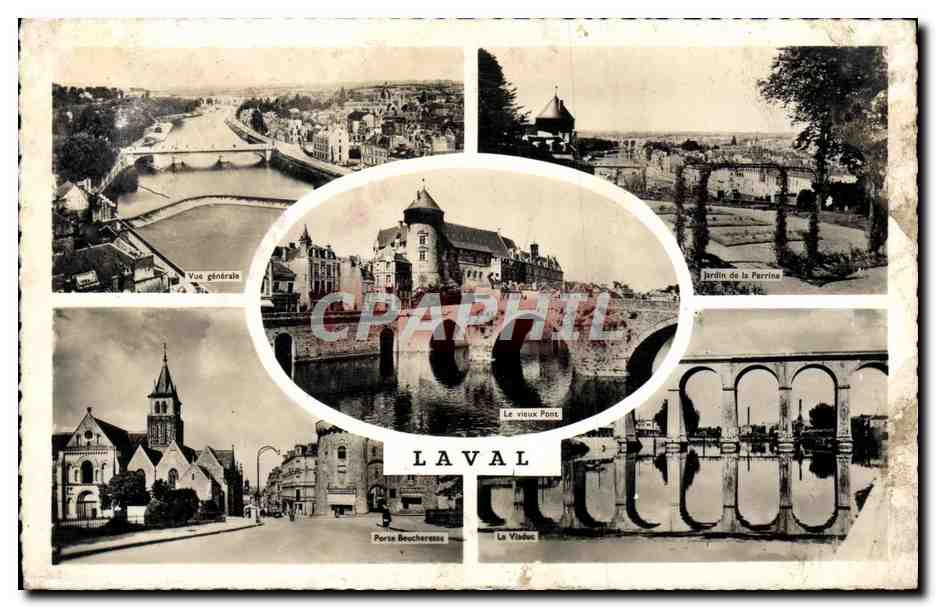 Laval — Vue générale, Le vieux Pont, Jardin de la Perrina, Portes Beucheresse, La Vinaise — Éditeur Artaud Frères, Nantes
