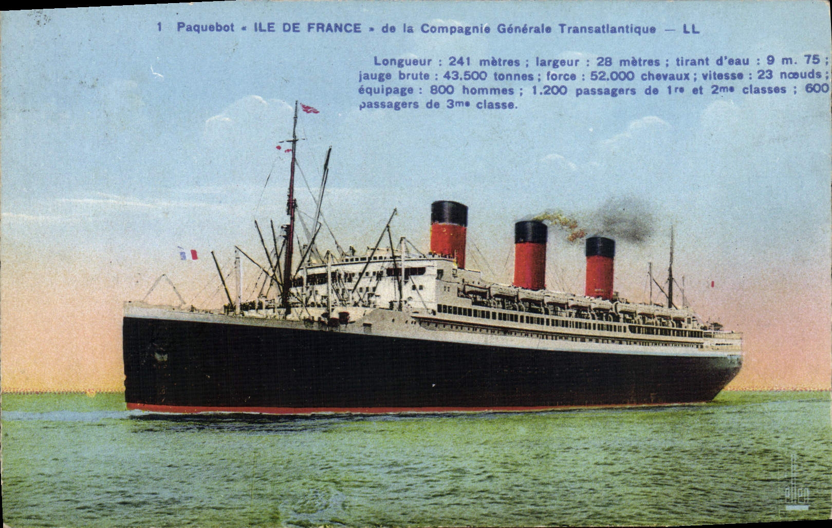 Paquebot « ILE DE FRANCE » — Compagnie Générale Transatlantique — éditeur Levy & Neurdein, Paris