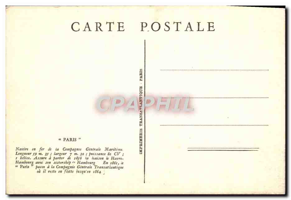 CPA Paris Navire en fer de la Compagnie Generale Maritime — Verso