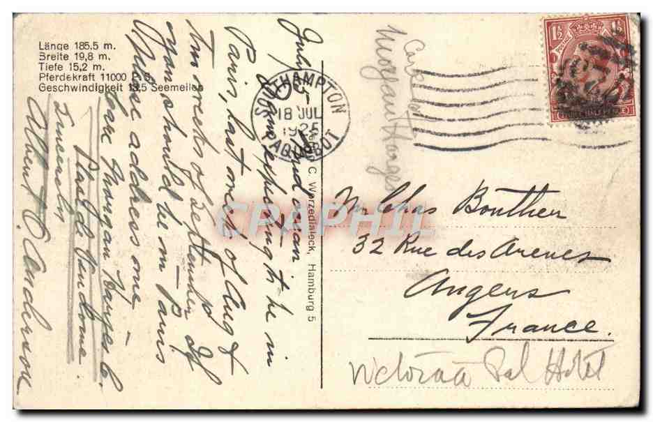 CPA Bateau Hamburg Amerika Line Cleveland — Verso