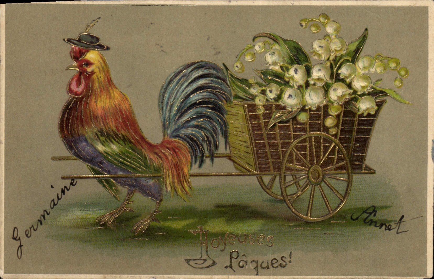 Coq avec charrette de muguet — Pâques — Pinnet