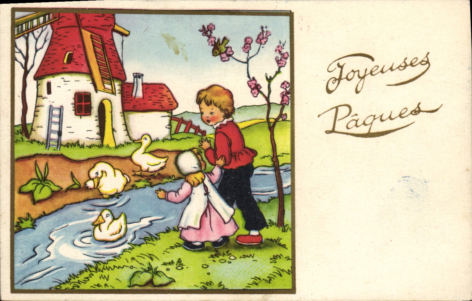 CPA Fantaisie Fleurs Enfants Moulin a vent