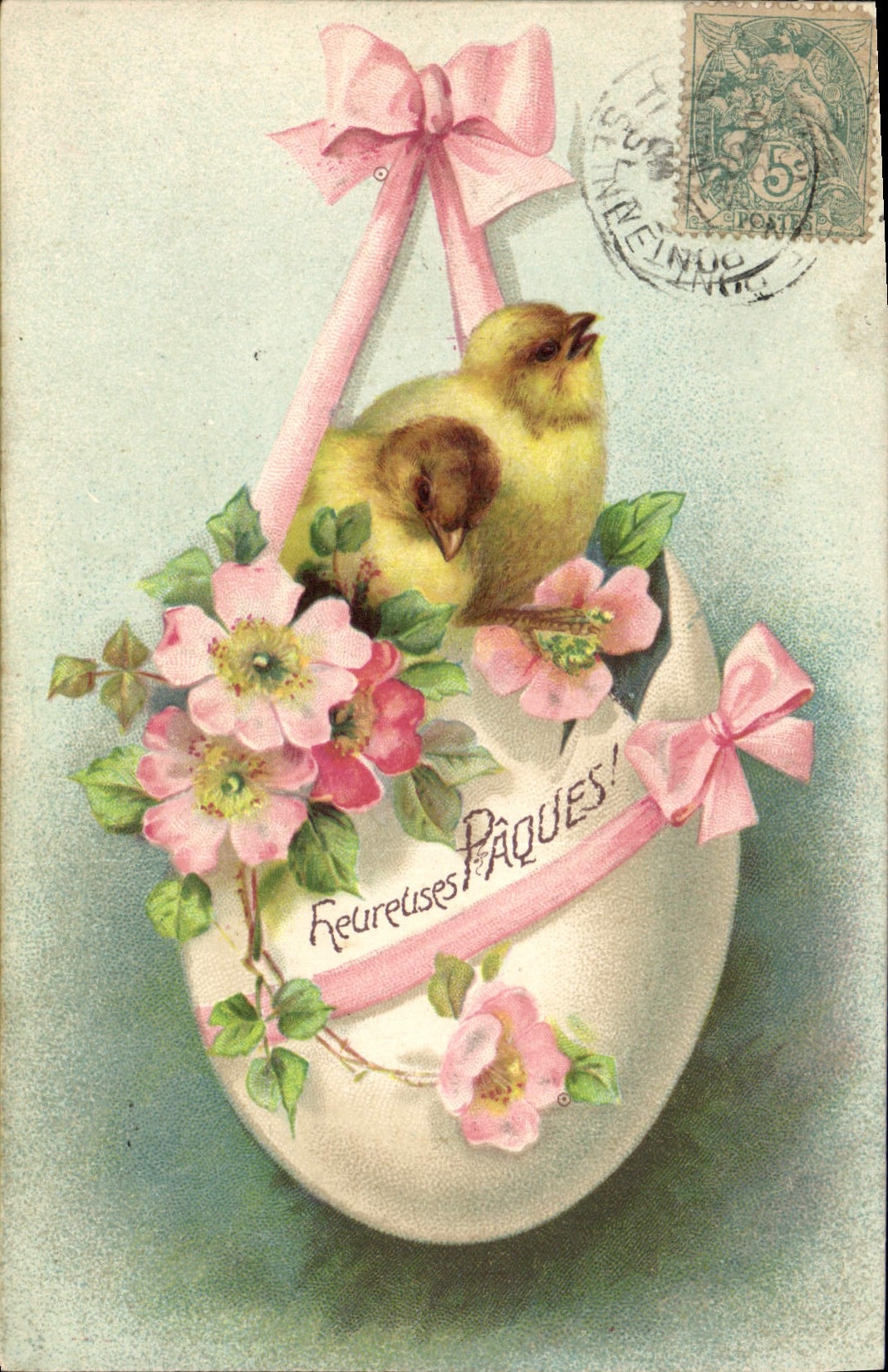 CPA Fantaisie Fleurs Poussins Oeuf Paques