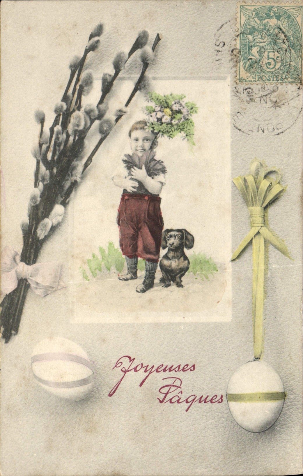 CPA Fantaisie Enfant Chien Paques Oeuf 