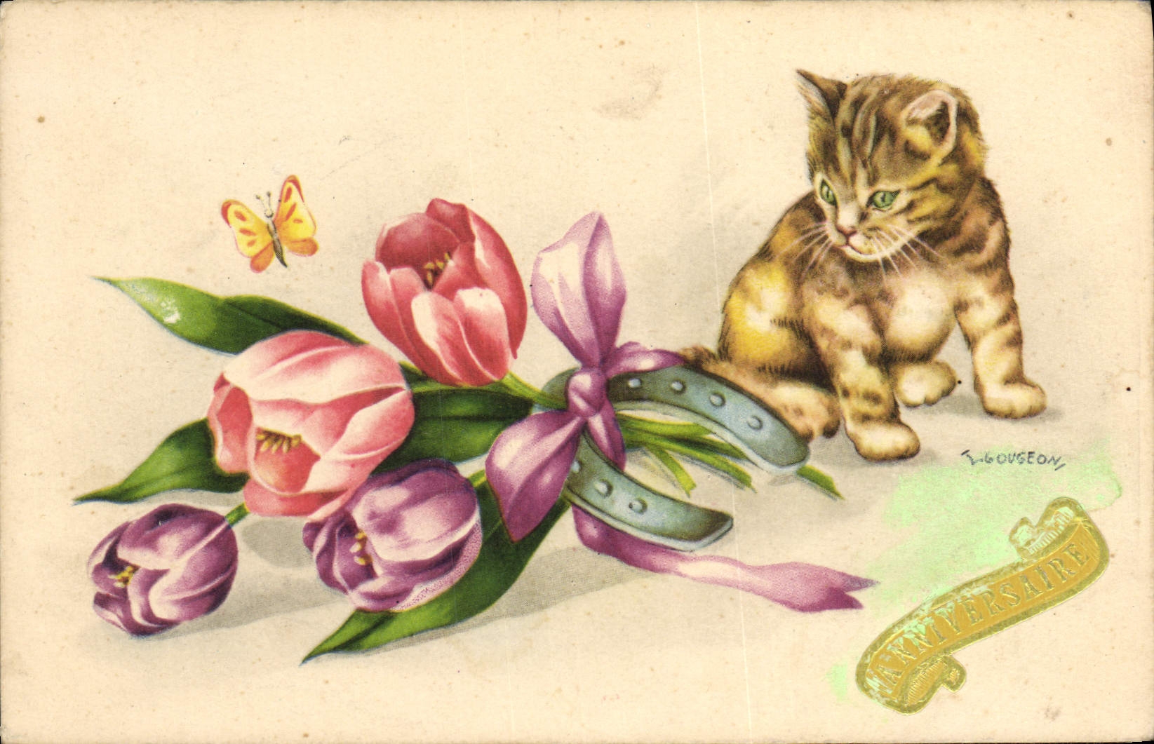 CPA Fantaisie Fleurs Chat chaton Fer a cheval Papillon