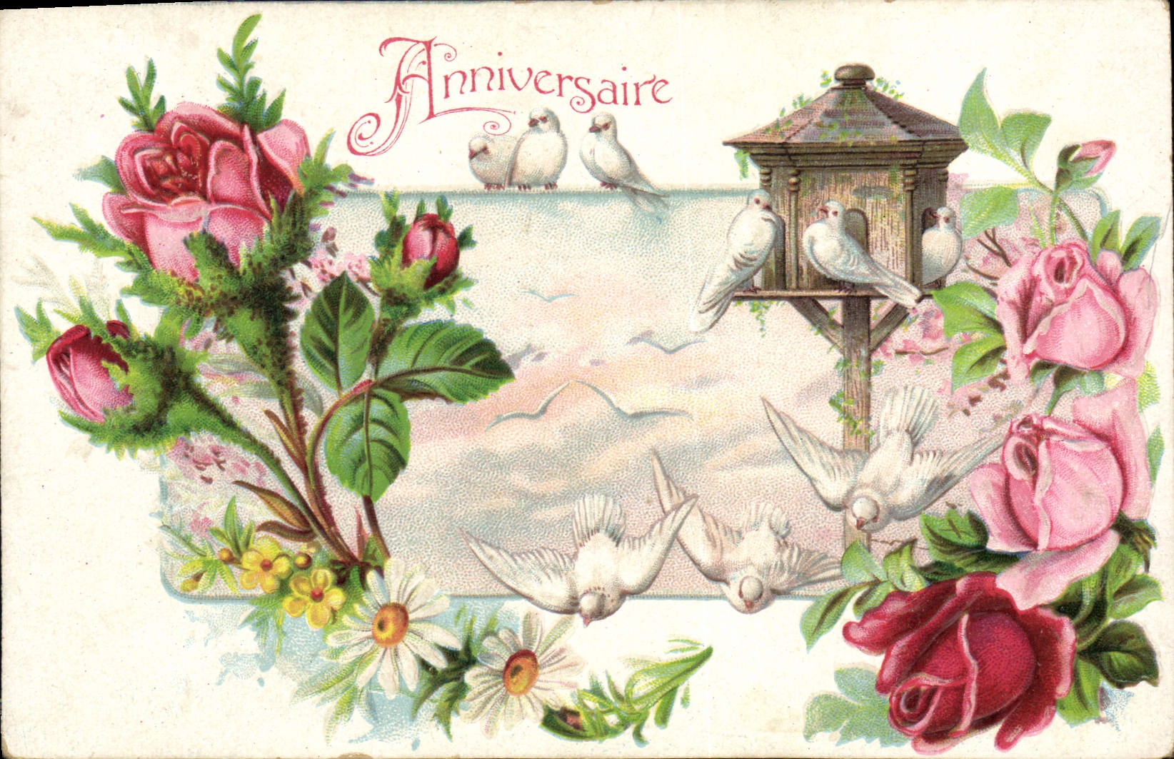 Anniversaire — colombes et roses — éditeur inconnu, n° de série non visible