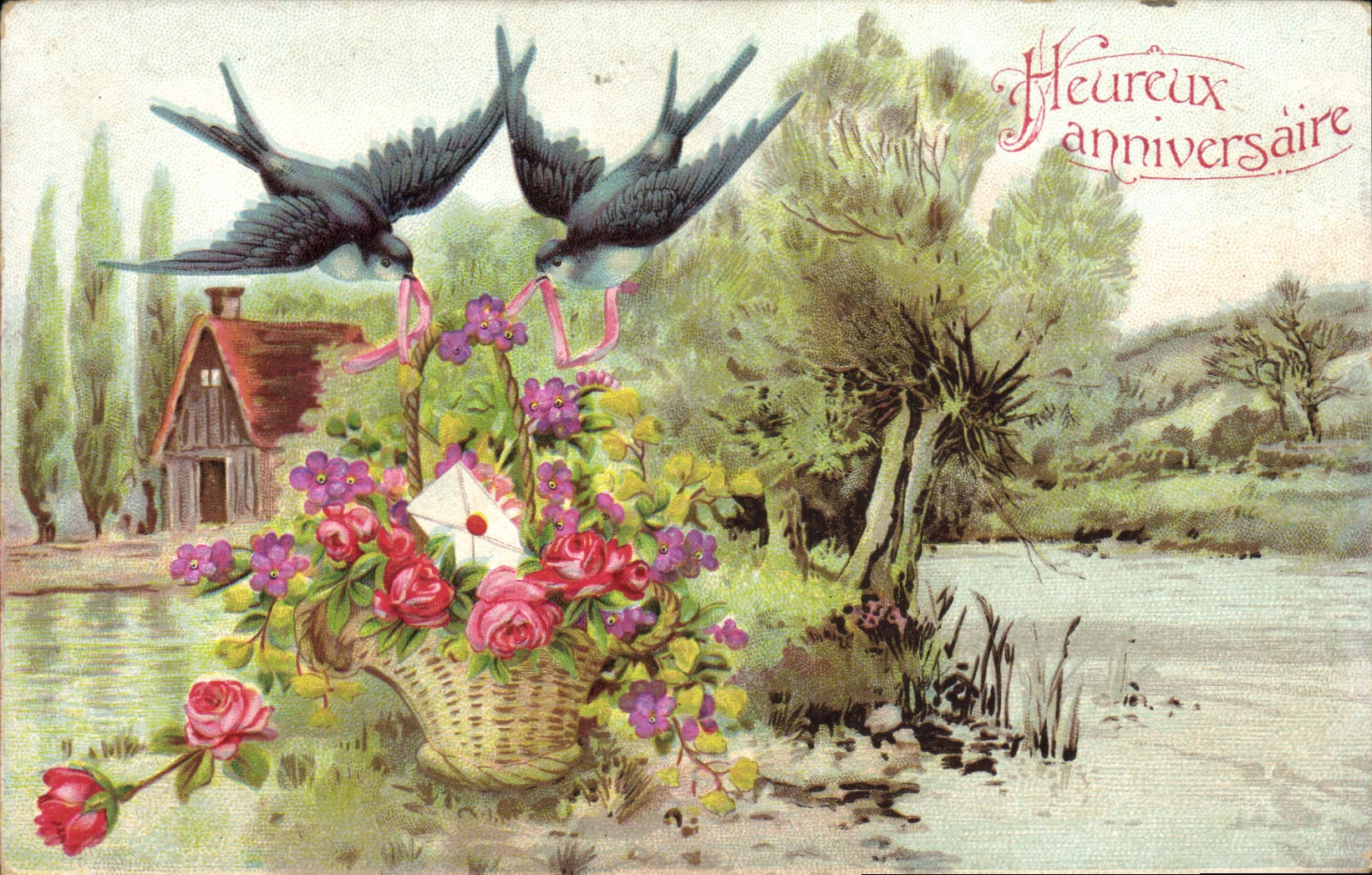 Deux hirondelles portant des rubans — bouquet de roses — Heureux anniversaire — éditeur non identifié