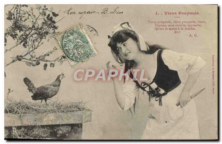 Jeune femme en costume de paysanne — chansonnette 'Viens Poupoule' — Phototype A. Brenner & Cie, Paris