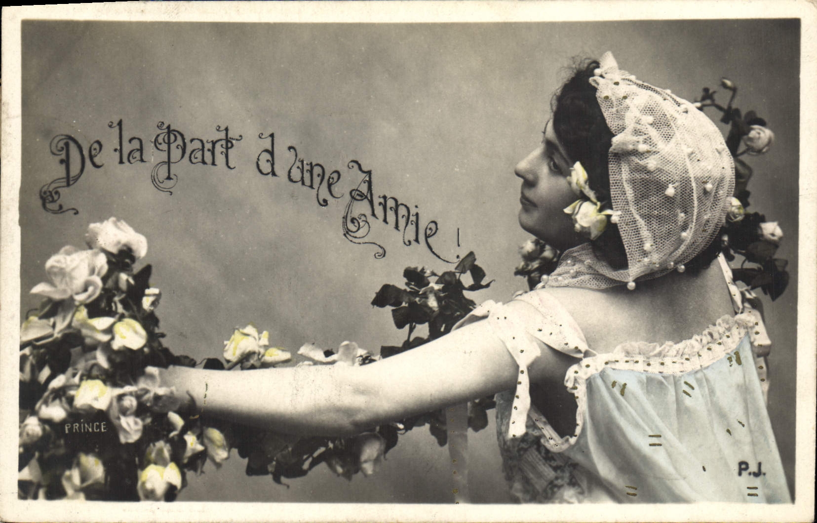 Femme en bonnet de dentelle tenant des roses — De la Part d'une Amie — P.J. Princé