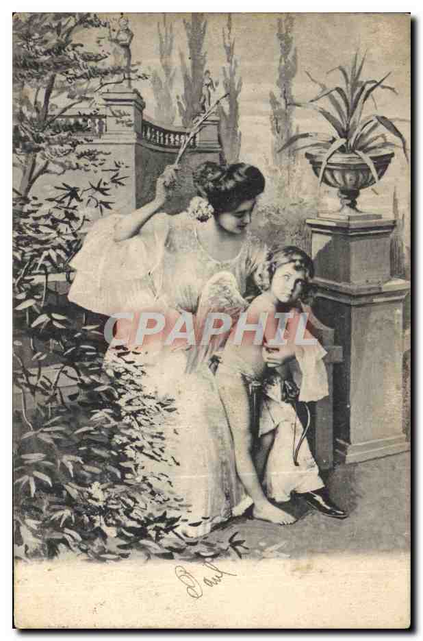 Femme et enfant dans un jardin — illustration — signé Paul - Recto