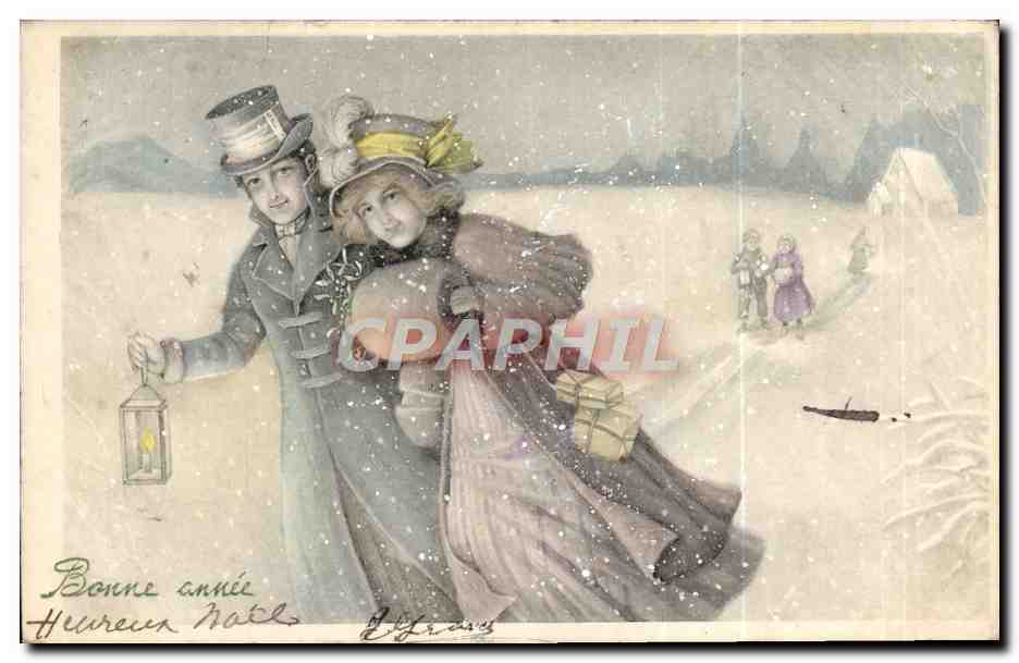 Couple enneigé — Bonne année — V. K., Vienne 5131