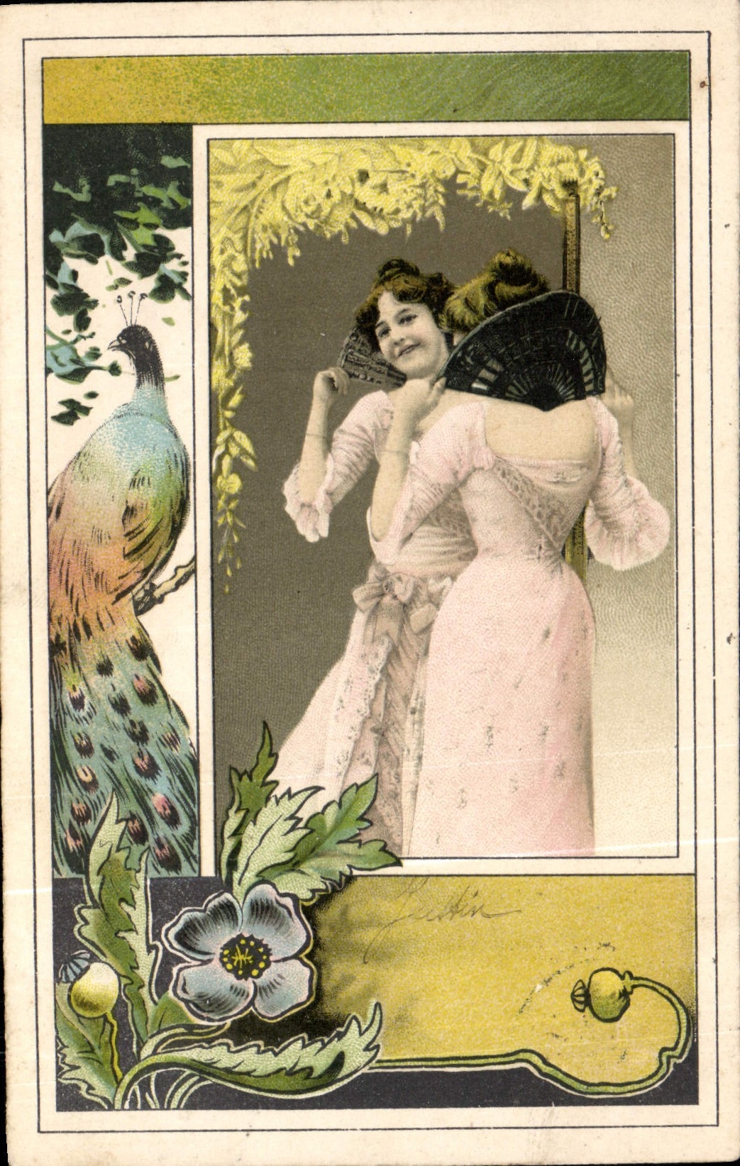 Joven mujer en vestido rosa y pavo real — ilustración decorativa — editor desconocido