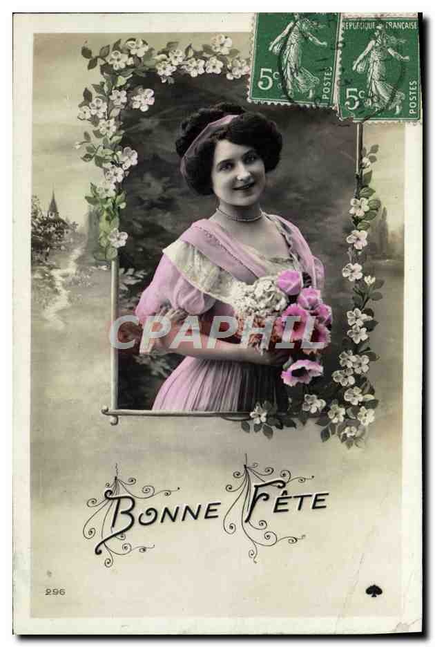 Femme en robe rose — cadre floral — éditeur anonyme, n° 2996