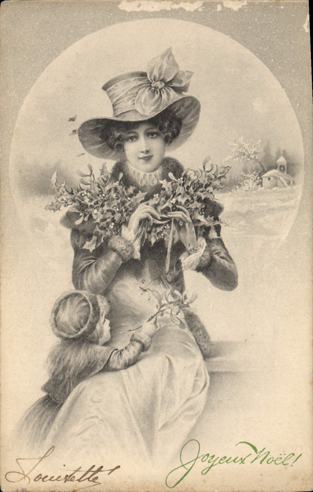 Femme et enfant avec gui — Noël — M. M. Vienne, n° 156