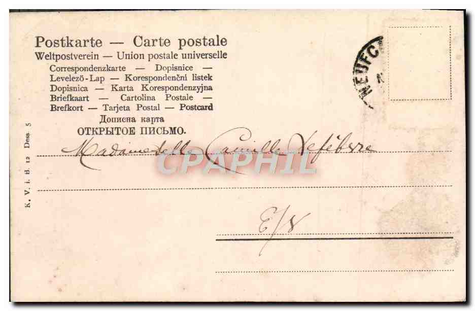 Couple au café — scène de jardin avec vélo — éditeur Neufchâteau, n°5 — Verso