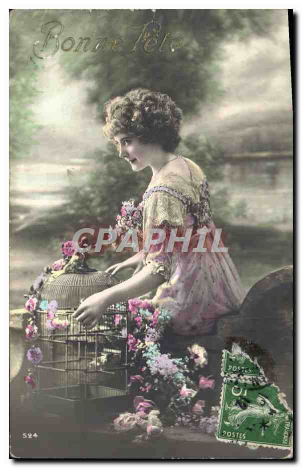Femme avec cage à oiseaux — Bonne Fête — éditeur anonyme, n° 524