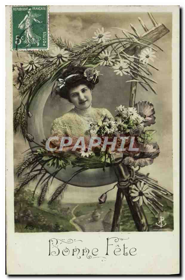 Femme avec couronne de fleurs — Bonne Fête — éditeur inconnu, n° 43